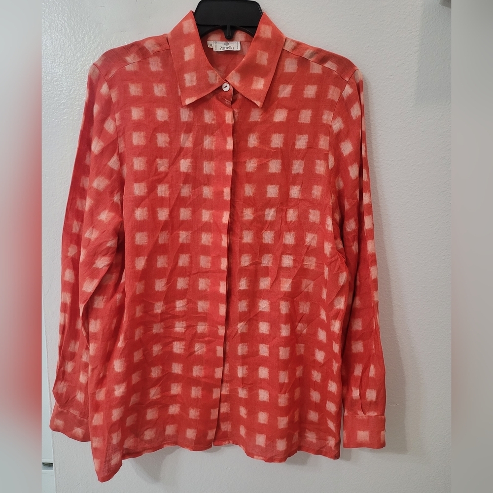 Zenella Orange and White Checkered Button-Up Shirt Made In Italy 100% Linen